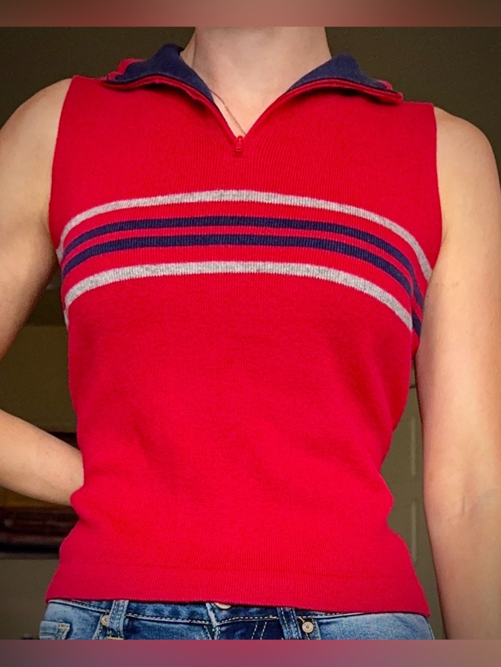 Vintage 90’s So Red Navy Blue Grey Striped Knit Tank Top Mock Neck M